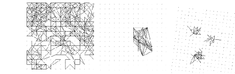Ces trois images visualisent les résultats du modèle multi-agents avec trois araignées et pour trois paramétrages différents de l'attraction par la soie. 